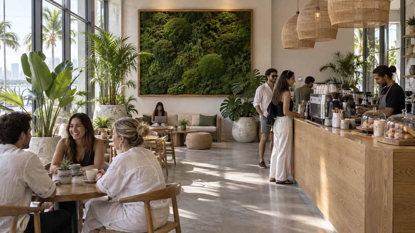 Cafeterías. Diseño biofílico con plantas, cuadros de musgo y personas