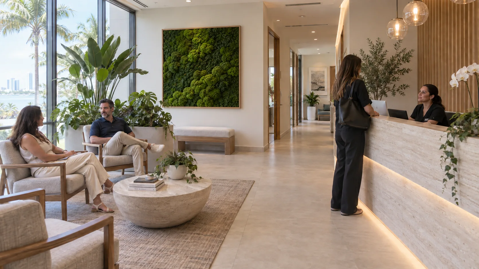 Centros médicos. Diseño biofílico con plantas, cuadros de musgo y personas