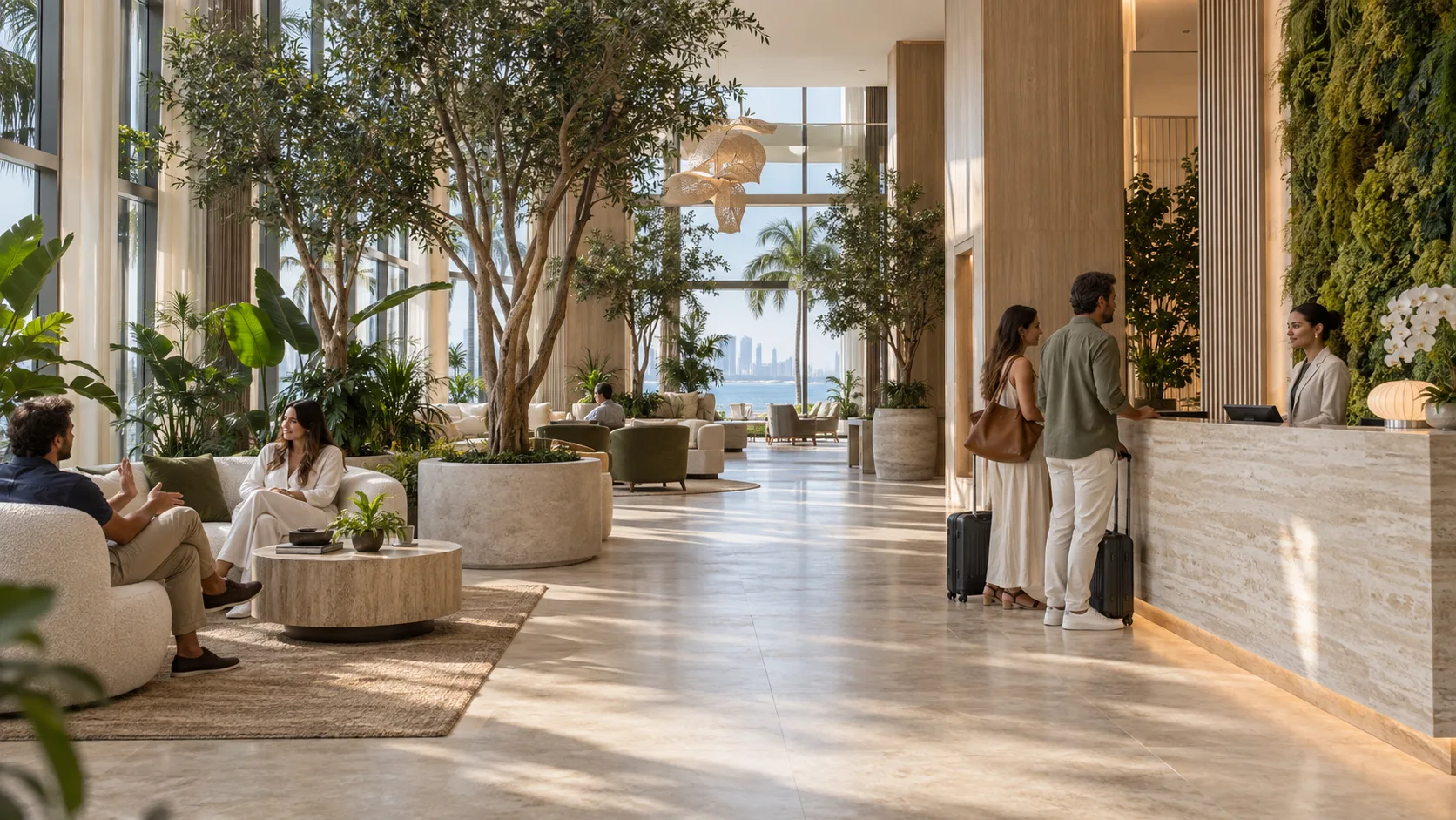 Hoteles. Diseño biofílico con plantas, cuadros de musgo y personas