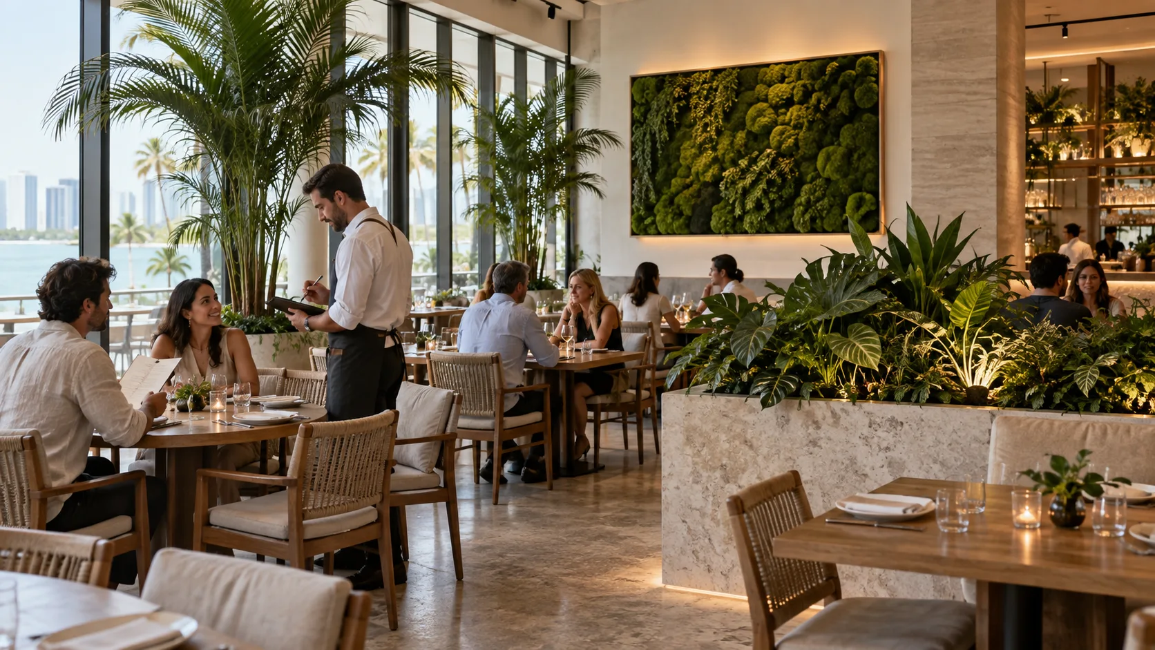 Restaurantes. Diseño biofílico con plantas, cuadros de musgo y personas
