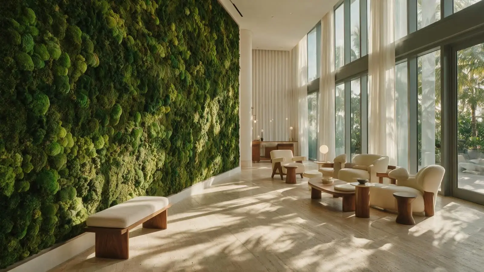 Recibidor de hotel con un jardín vertical de musgo preservado