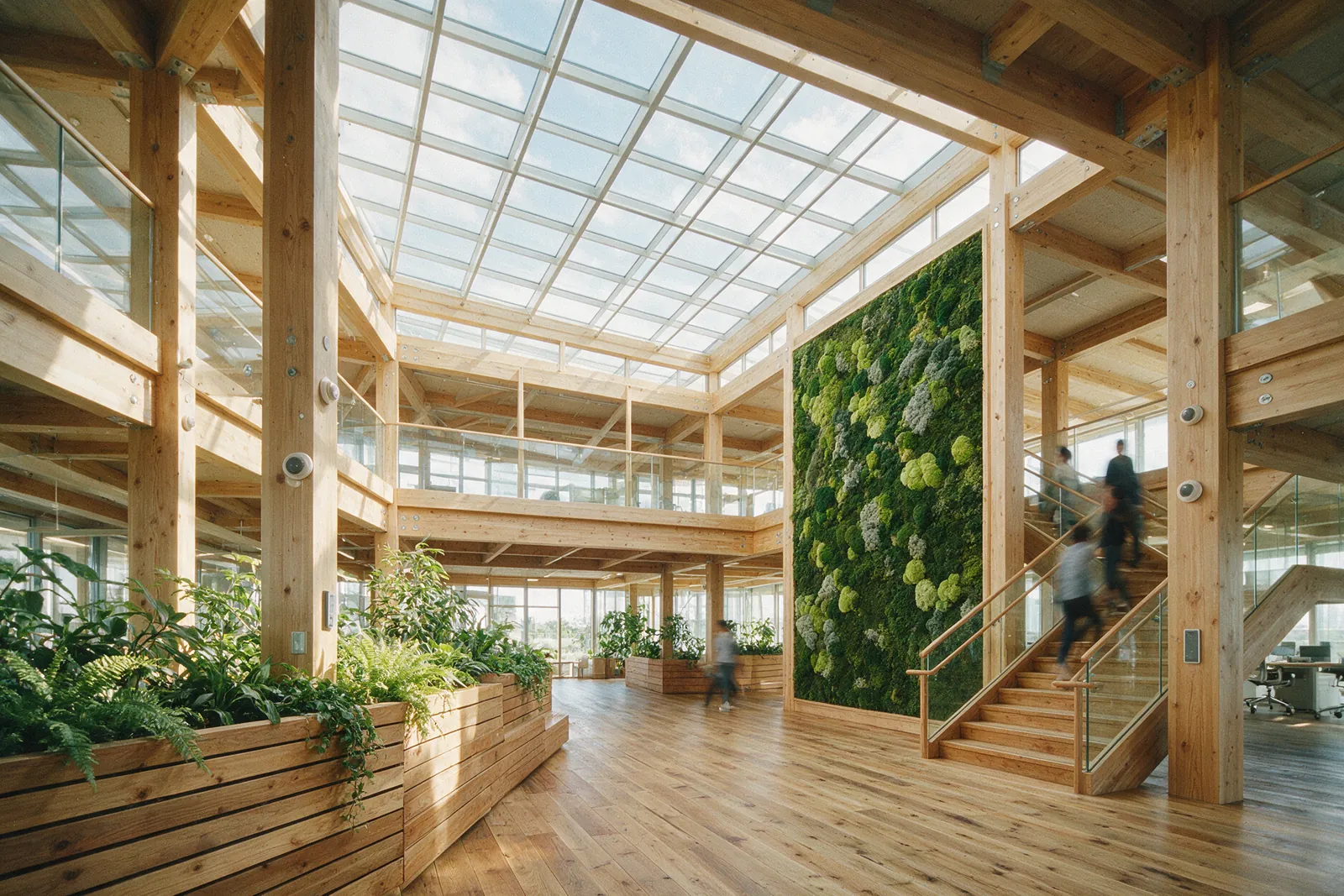Interior de un edificio de oficinas sostenible con estructura de madera, lucernario y jardineras