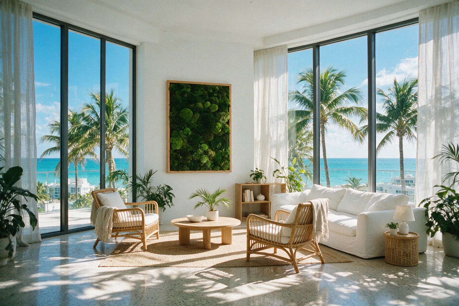 Salón en Miami con ventanales a las palmeras y el mar y un cuadro de musgo preservado en la pared