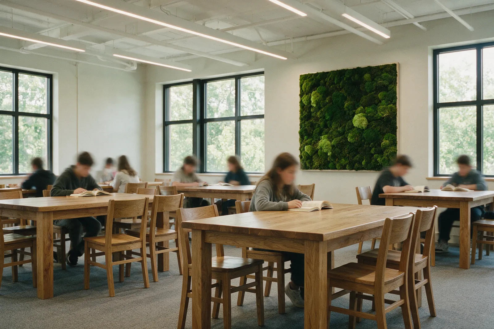 Sala de lectura de una biblioteca escolar con mesas de roble, ventanales a los árboles y un panel de musgo