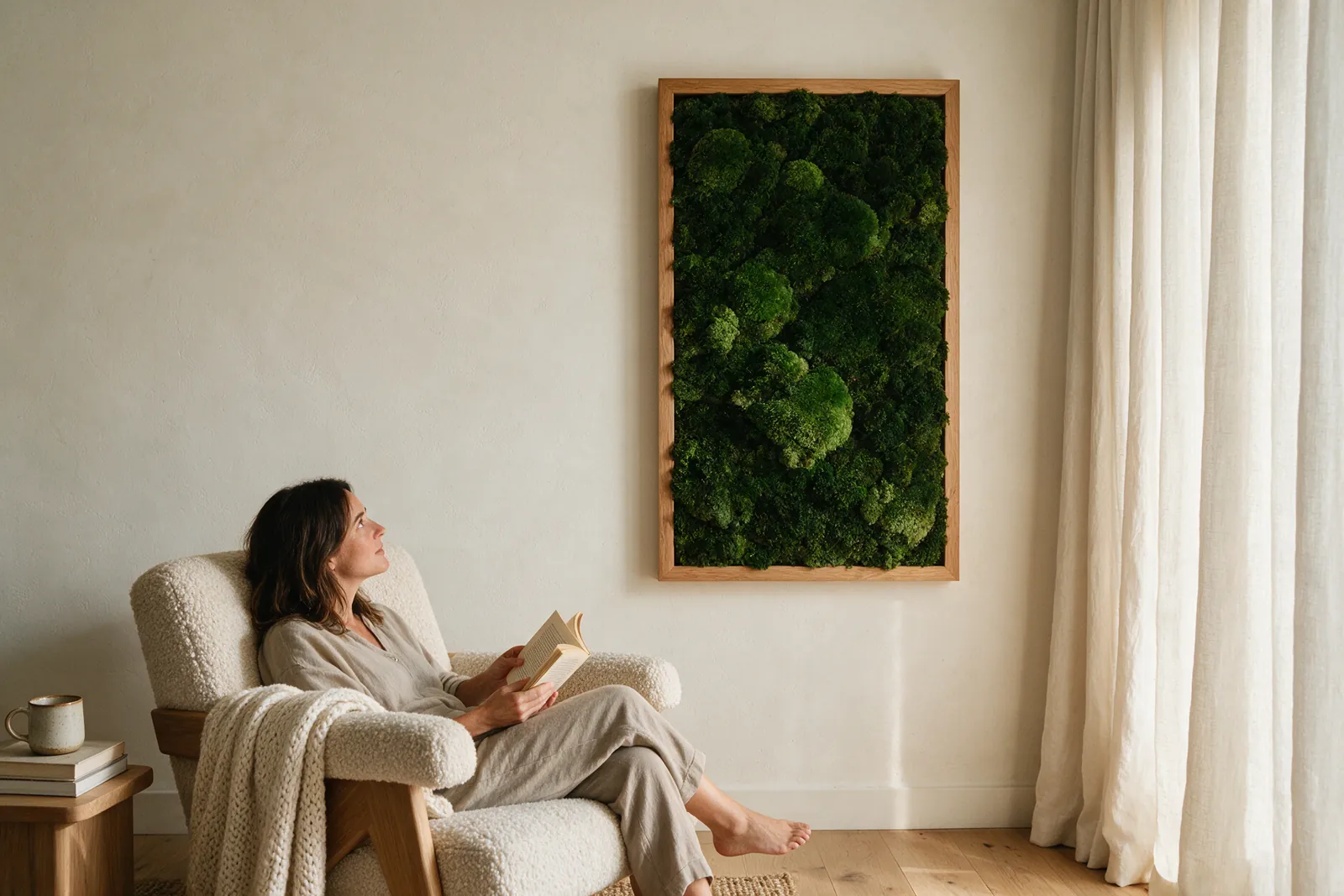 Mujer leyendo en un sillón frente a un gran cuadro vertical de musgo preservado