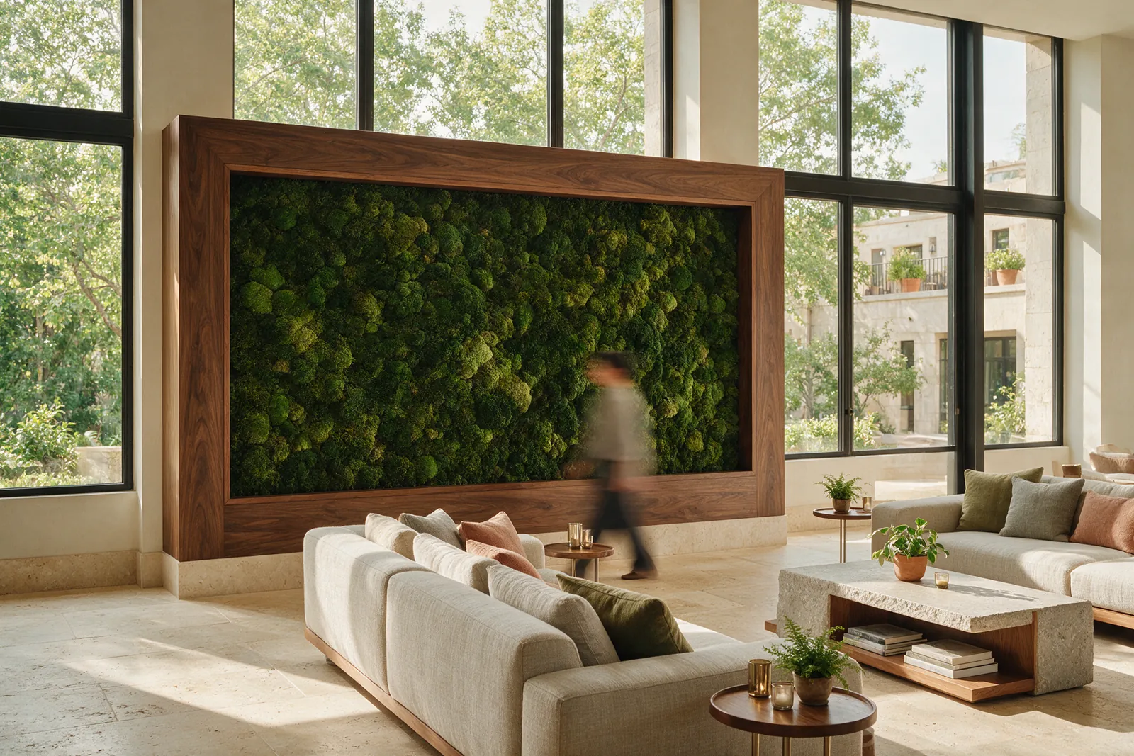 Salón luminoso con un gran mural de musgo preservado enmarcado en nogal