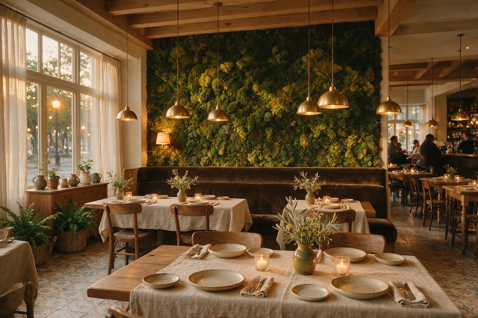 Comedor de restaurante con una pared completa de musgo preservado tras la banqueta
