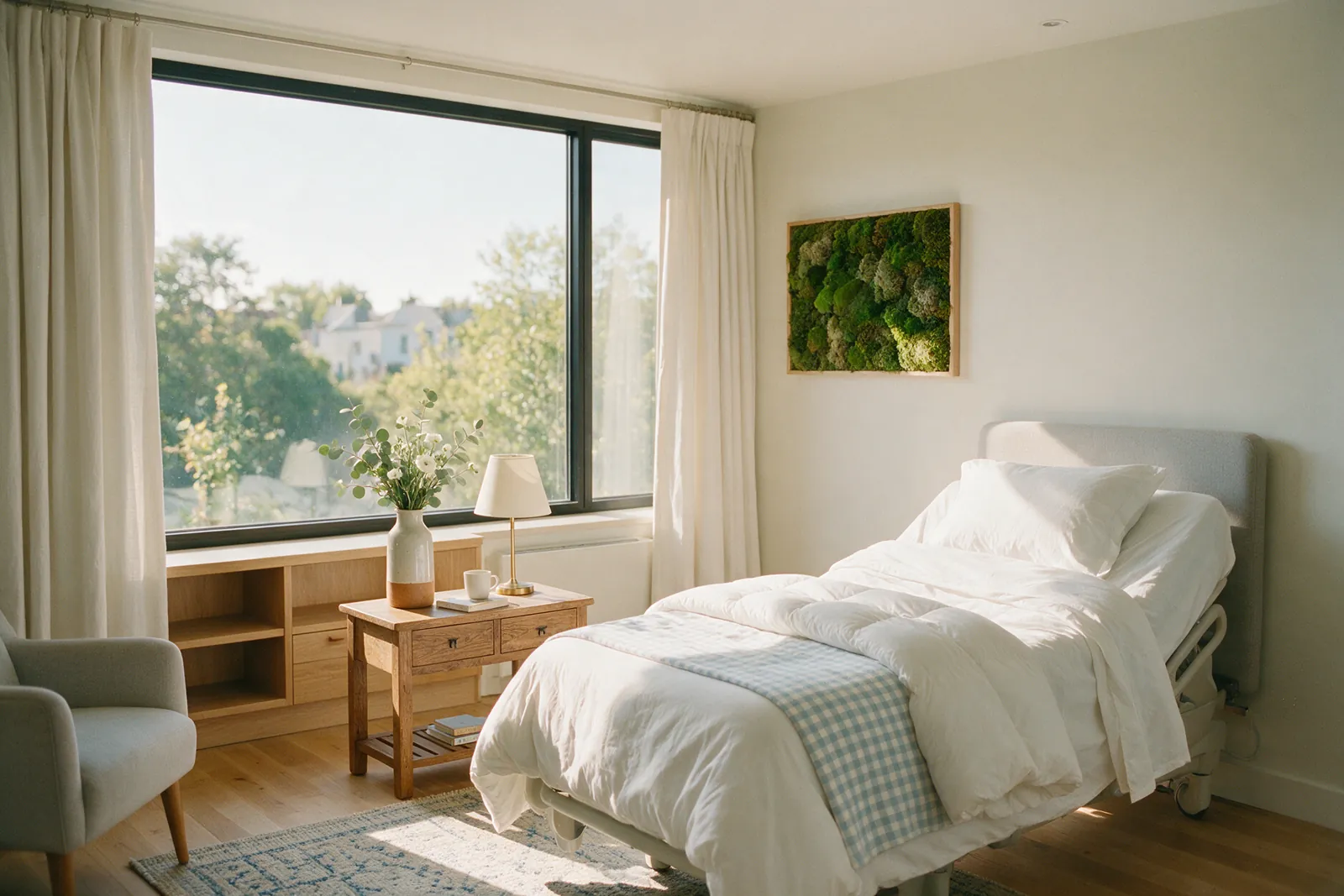 Habitación de recuperación con una gran ventana a los árboles y un cuadro de musgo en la pared