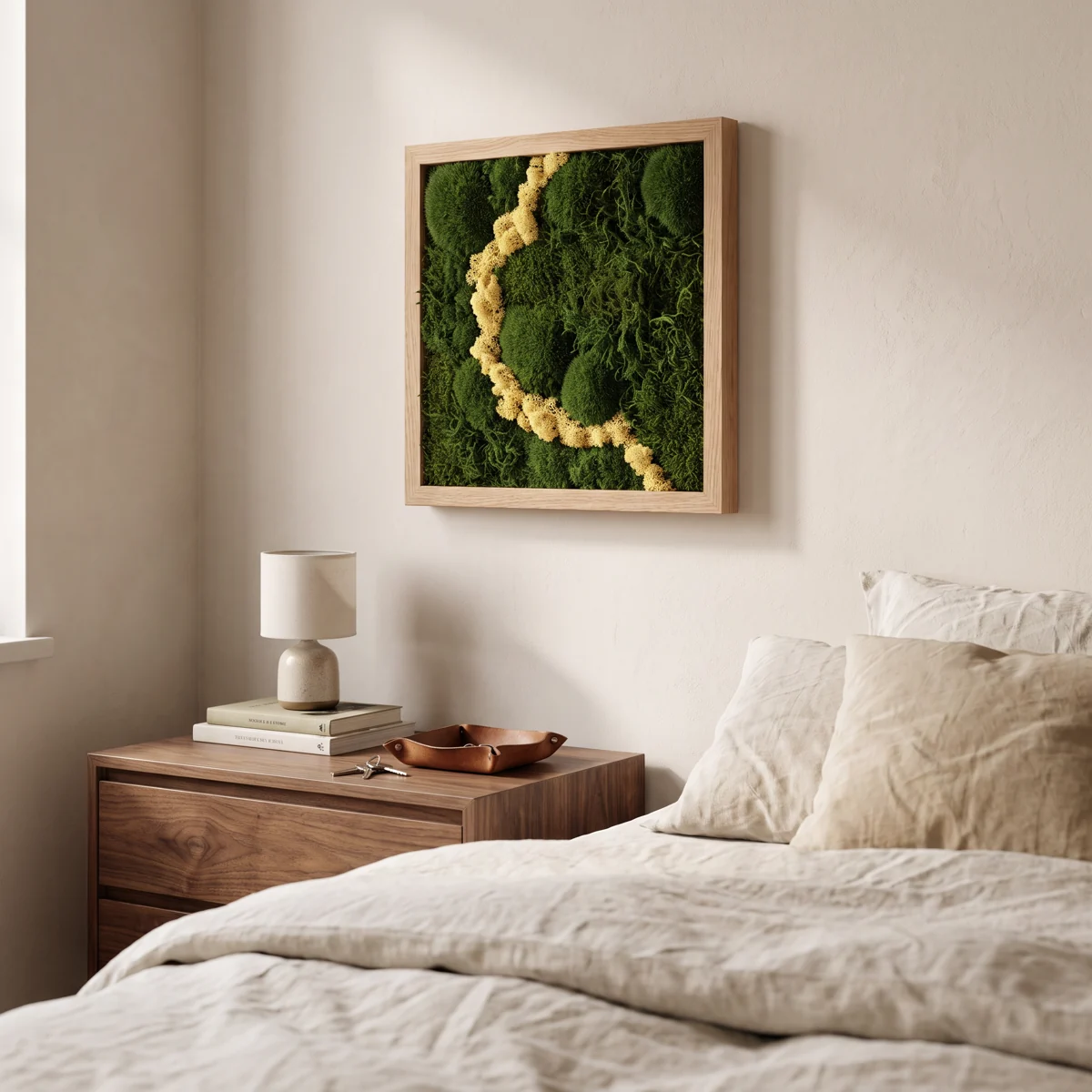 A yellow lichen curve traces an abstract coastline over deep green.
