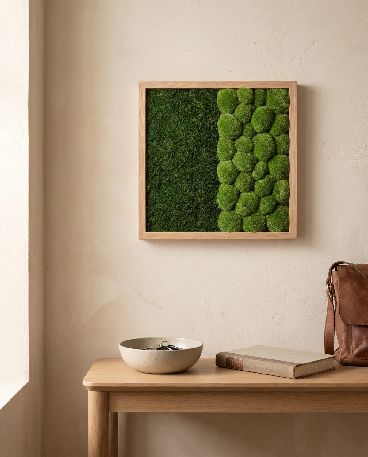 Flat moss and cushion moss in two green halves, inside a square oak frame.