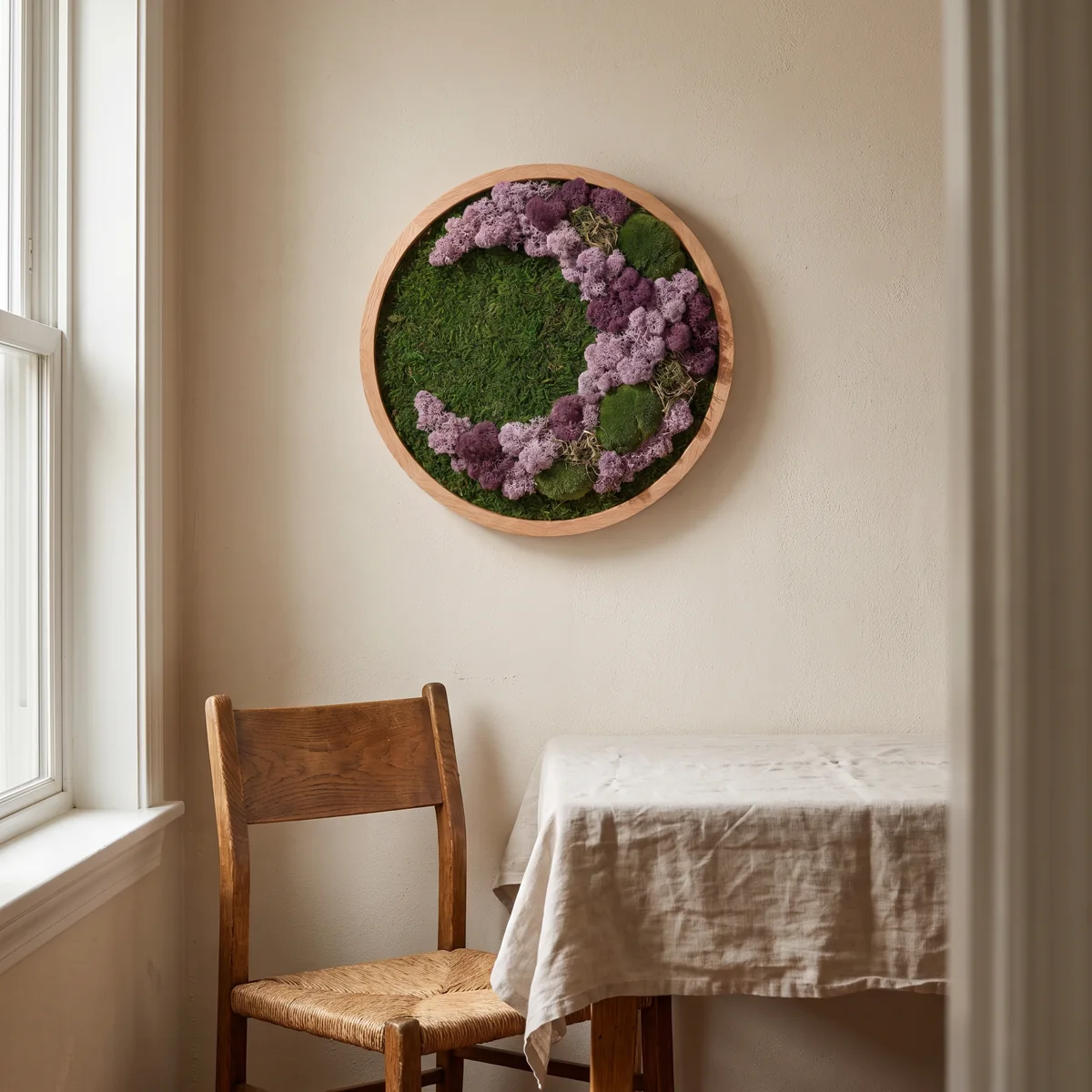 A composition in lilac tones with preserved moss and lichen textures, in a light oak round frame.