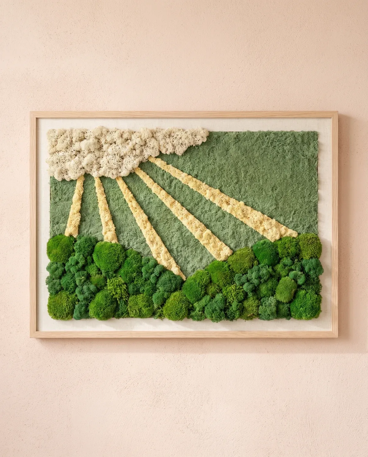 Rayos suaves de liquen cálido atraviesan una nube y alcanzan el relieve verde.
