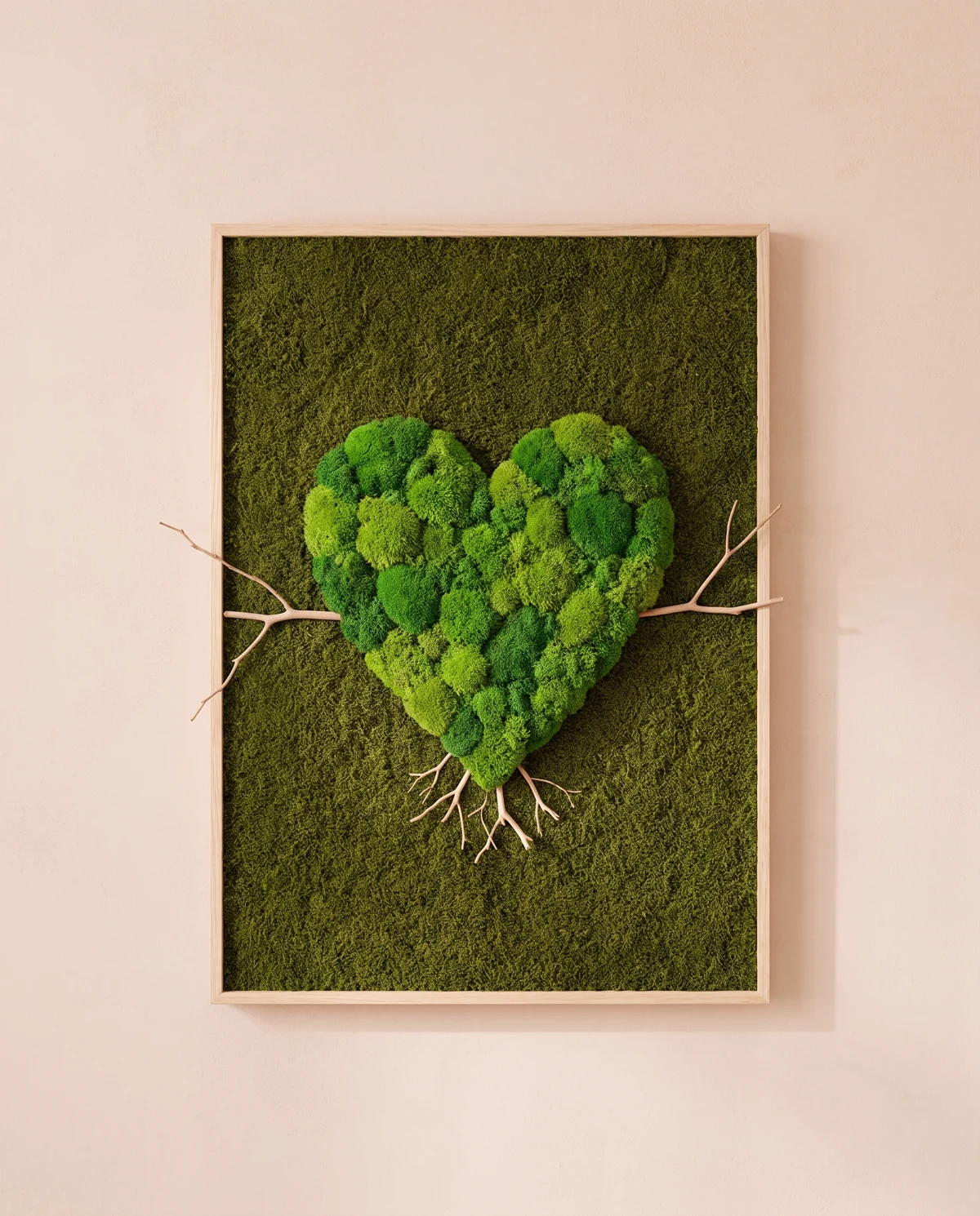 Un corazón de musgo se une a una línea de ramas que atraviesa el campo verde.