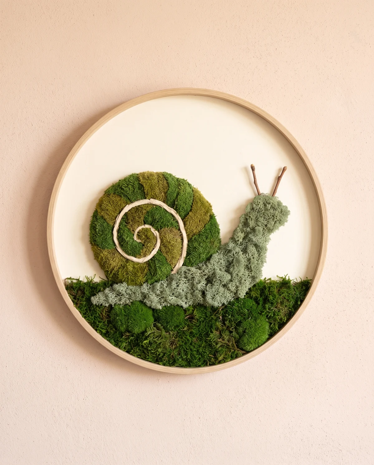 Un caracol de musgo avanza bajo una concha en espiral de verdes suaves.