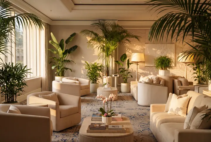 Un salón entre palmeras. Grupos de palmeras y plantas alrededor de los sofás.