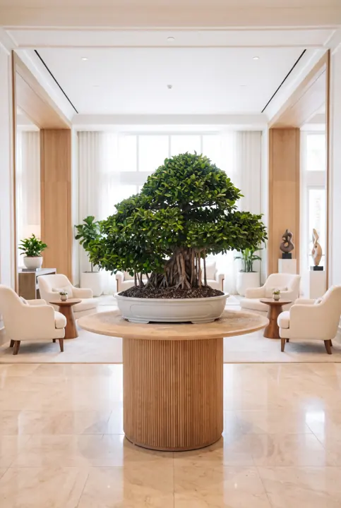 Un bonsái en el centro. Un gran ficus bonsái como pieza central del lobby.