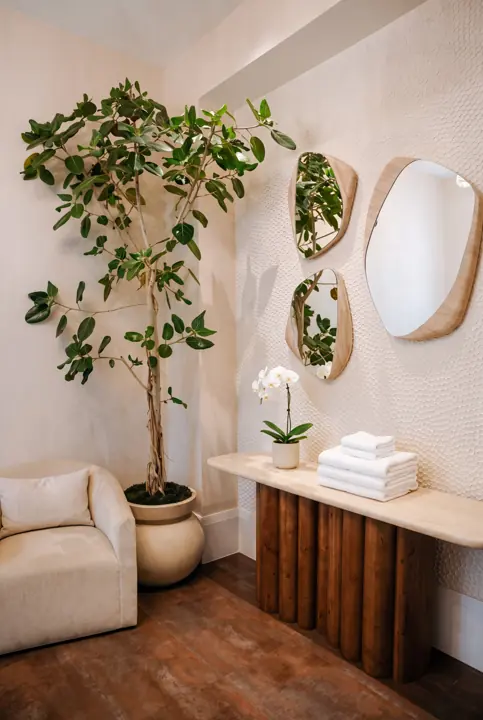 La espera del spa. Un ficus esbelto junto a los espejos y la consola.