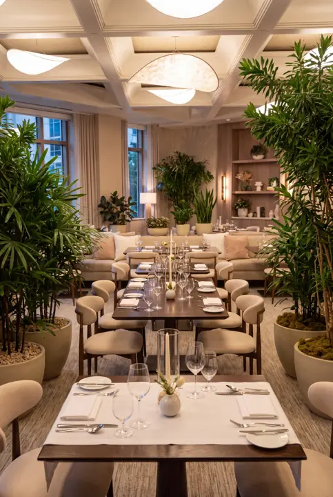 Plantas entre las mesas. Palmeras y plantas grandes entre las mesas del restaurante.