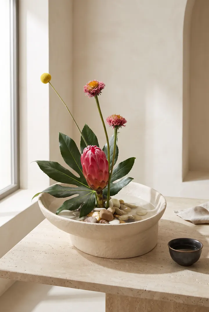 Protea en ikebana. Protea, craspedia y hojas en un cuenco con cantos.