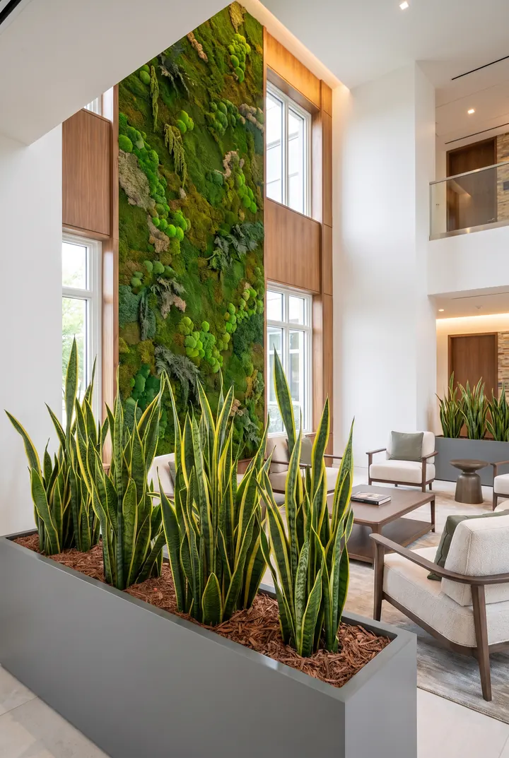 Sansevierias en la jardinera. Una jardinera de sansevierias bajo un muro vegetal.