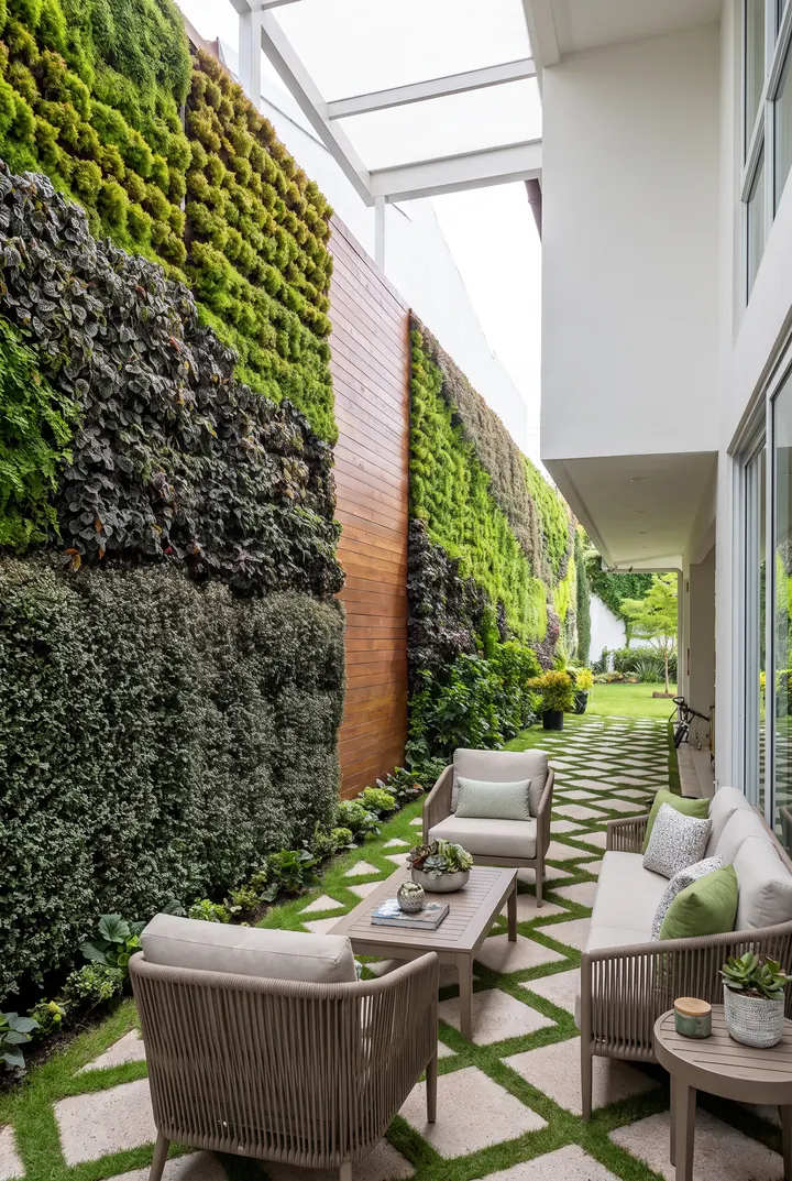 Un patio entre muros verdes. Jardín vertical a lo largo del patio, con césped entre las losas.
