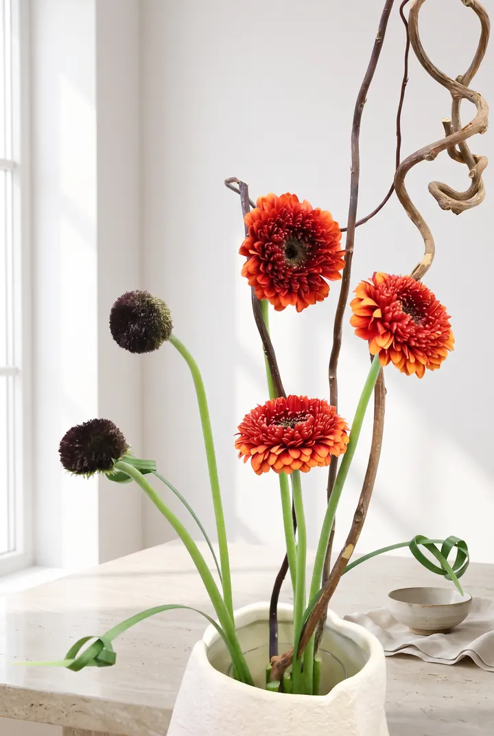 Gerberas y ranúnculos. Gerberas naranjas, ranúnculos oscuros y ramas enroscadas.