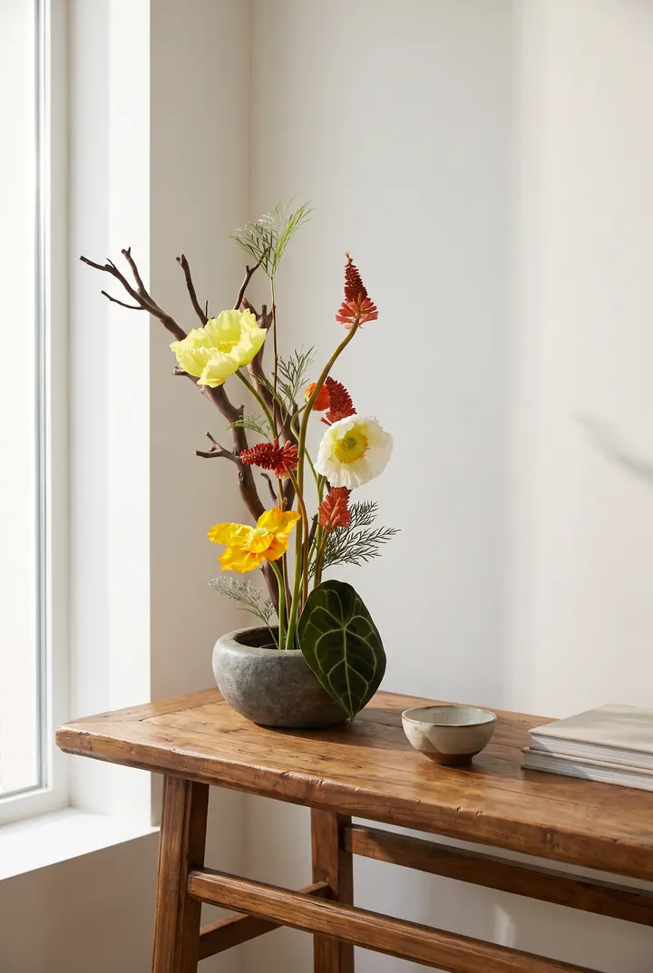Un ikebana en la consola. Amapolas, orquídeas y ramas en un cuenco de piedra.