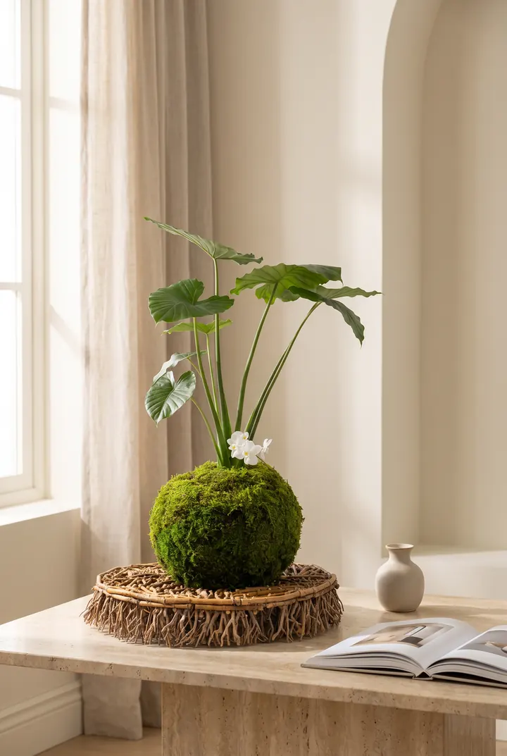 Un kokedama. Una alocasia sobre bola de musgo, en base de ratán.