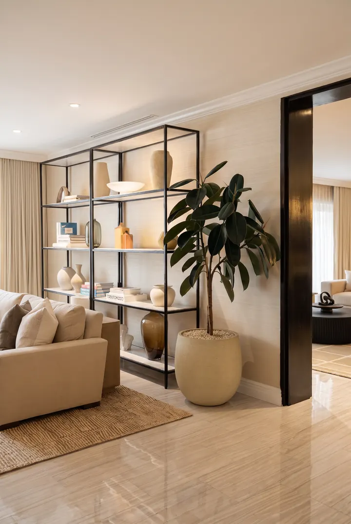 La suite. Una planta grande junto a la estantería de la suite.