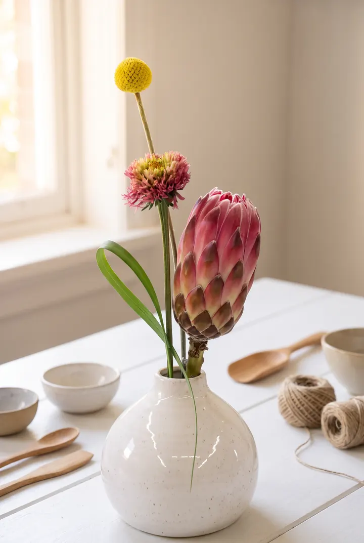 Protea en un jarrón. Protea, zinnia y craspedia en un jarrón blanco.
