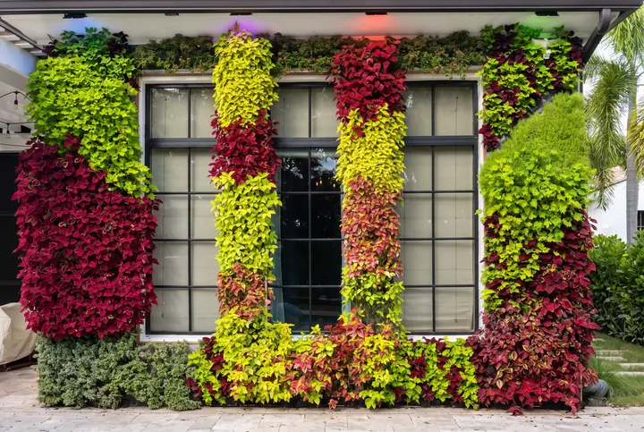 Una fachada de colores. Jardín vertical en rojos y limas alrededor de la ventana.
