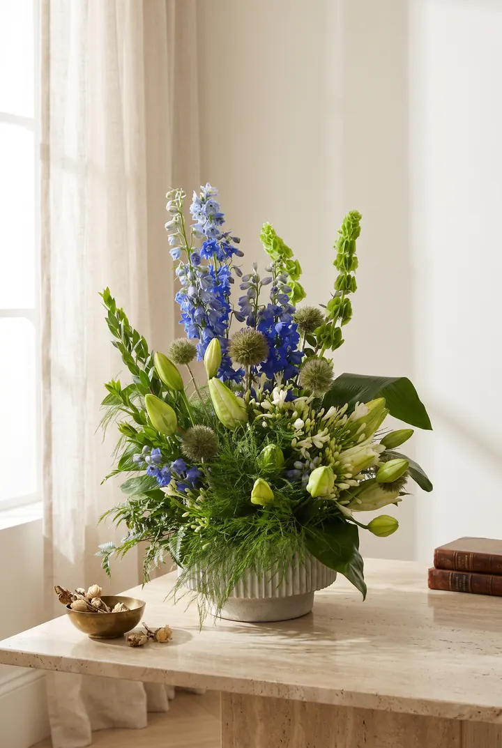 Delphinium y lisianthus. Un arreglo alto de flor azul y blanca.