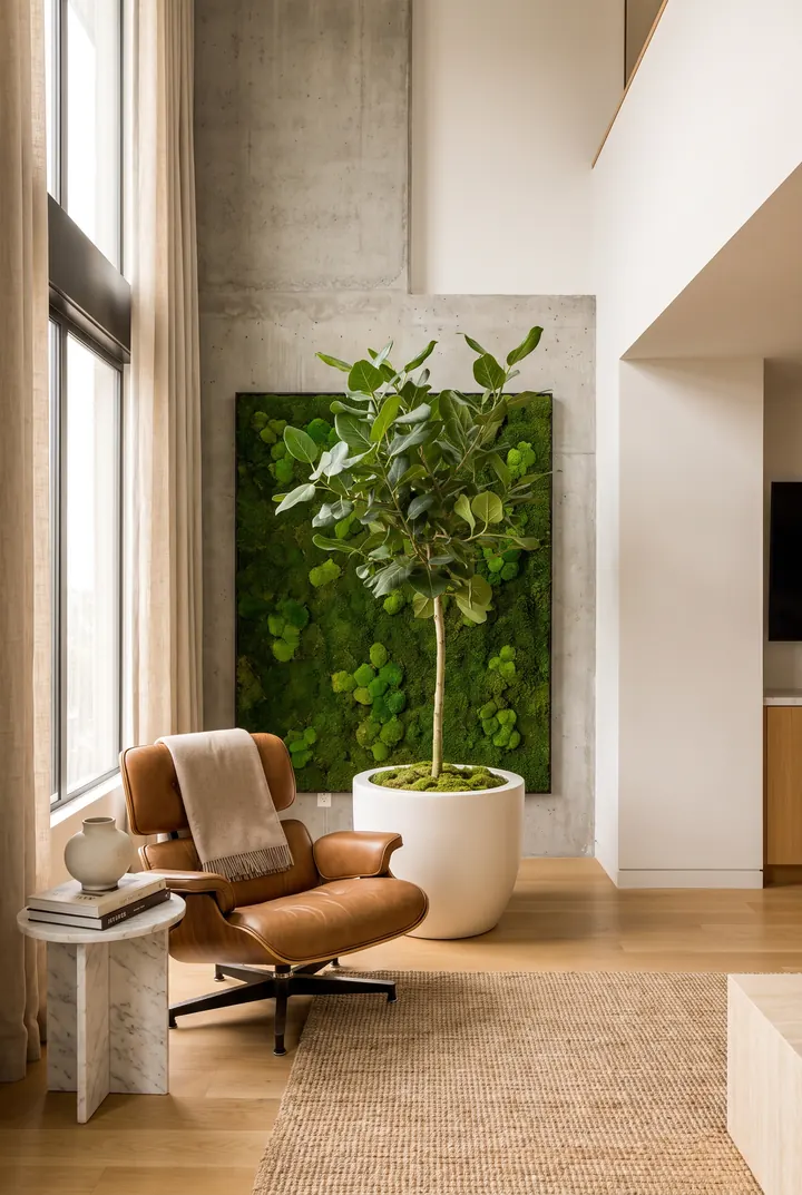 Un rincón de lectura. Un árbol y un panel de musgo junto al sillón.