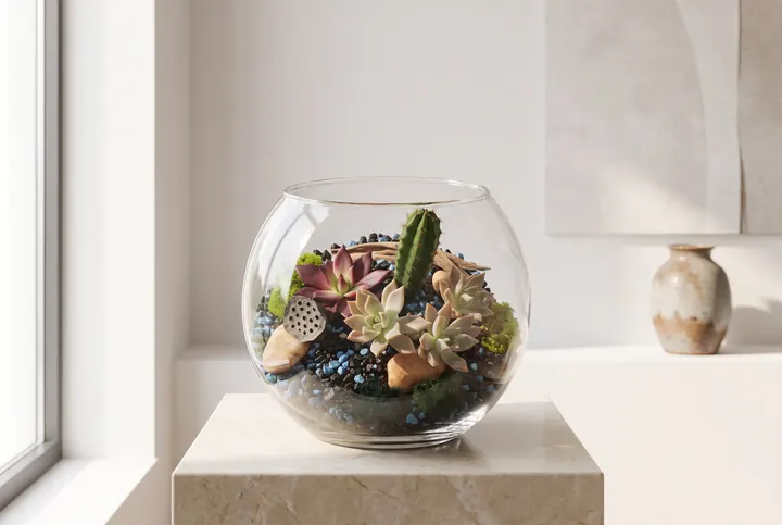 Un terrario. Suculentas y cactus en una pecera de cristal.