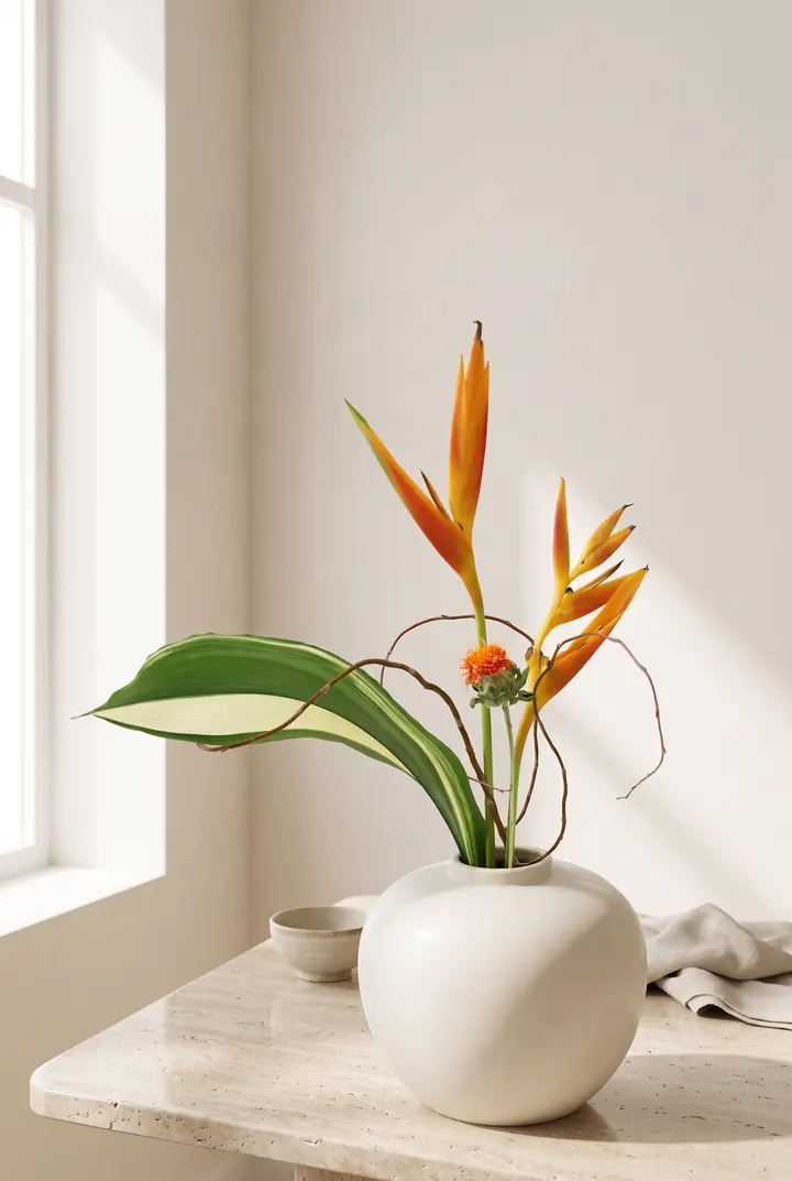 Ave del paraíso. Heliconia y hoja variegada en un jarrón blanco.