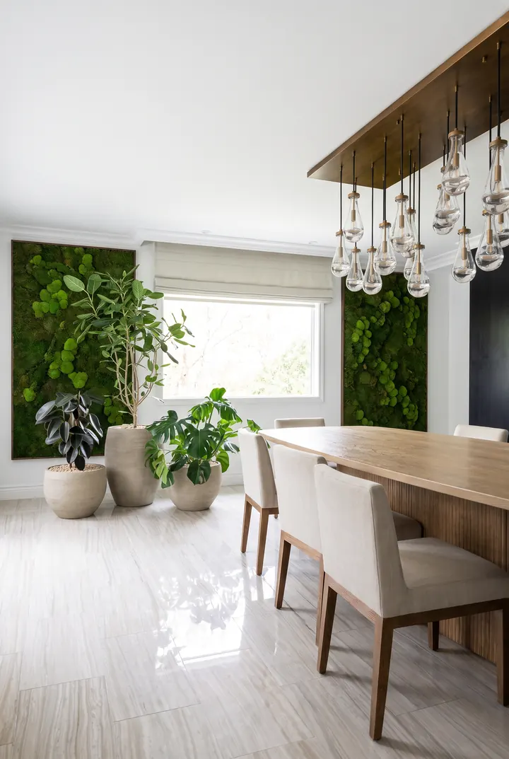 El comedor de la suite. Muros de musgo y plantas junto a la mesa larga.