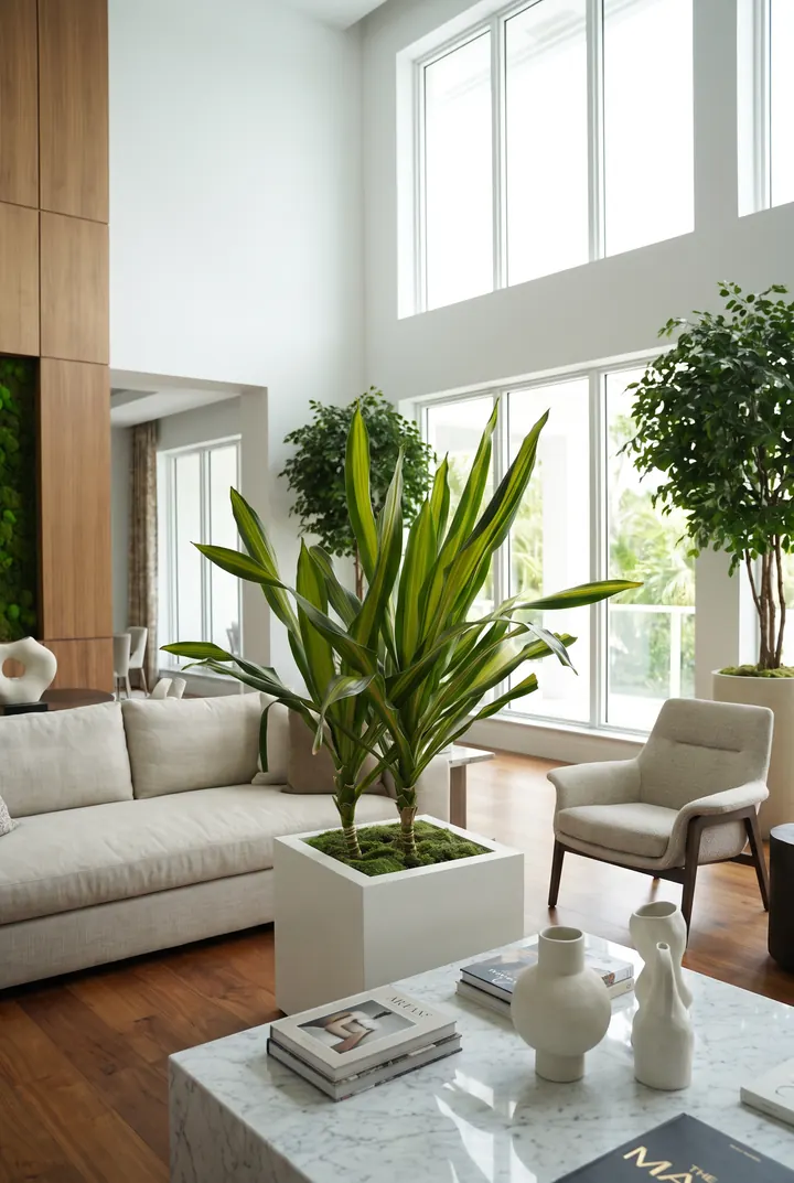 Una dracena en el salón. Dracena en macetero blanco entre los sofás.