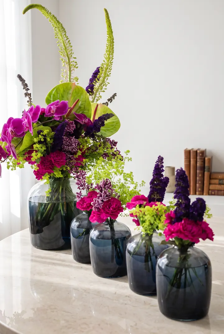 Flores en fila. Orquídeas, claveles y delphinium en jarrones azules.
