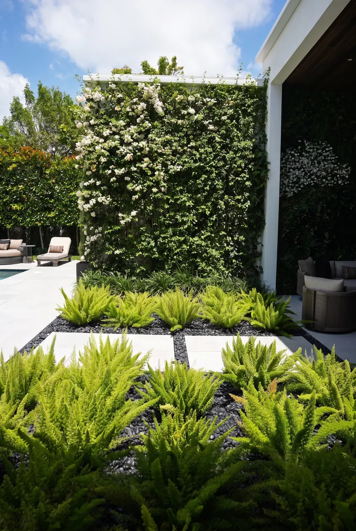 Un muro junto a la piscina. Jardín vertical y helechos junto al agua.