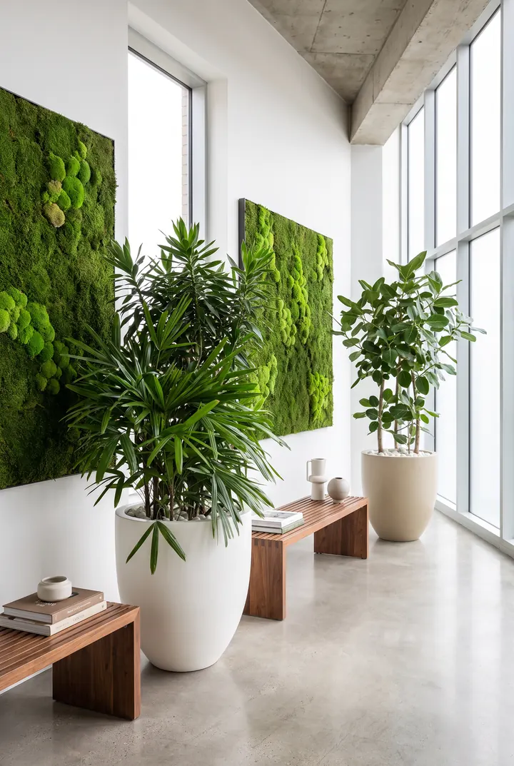Musgo y plantas. Dos paneles de musgo con plantas en maceteros blancos.