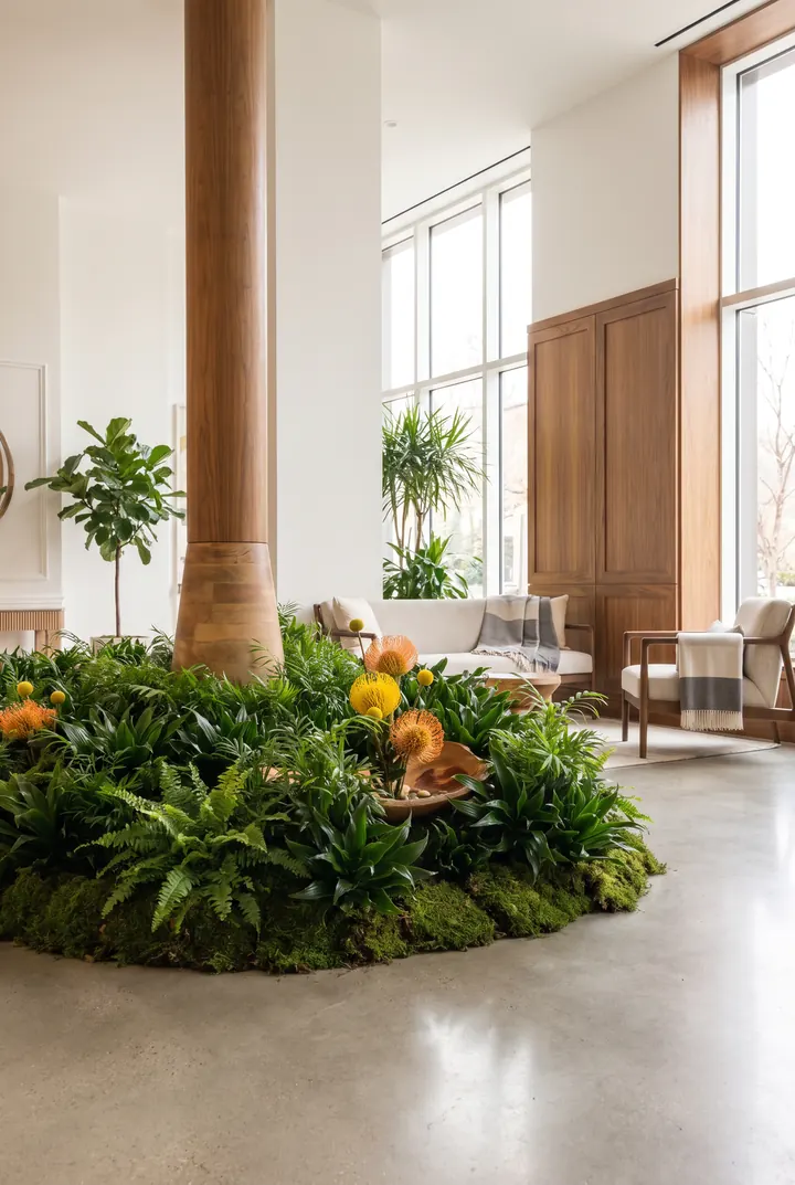Un jardín en el suelo. Un parterre de helechos y flores alrededor de la columna.