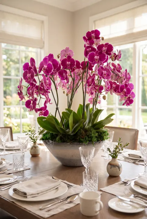 Orquídeas en el comedor. Un centro de orquídeas y musgo para el comedor.