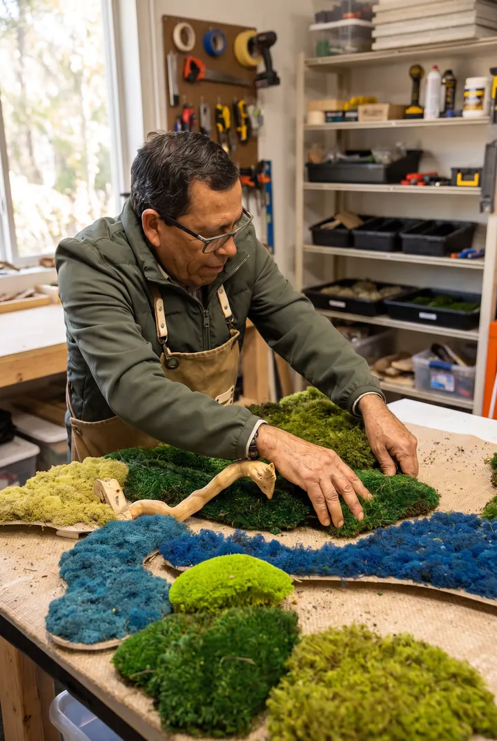 Un río de musgo. Montando musgo verde y azul sobre la mesa.
