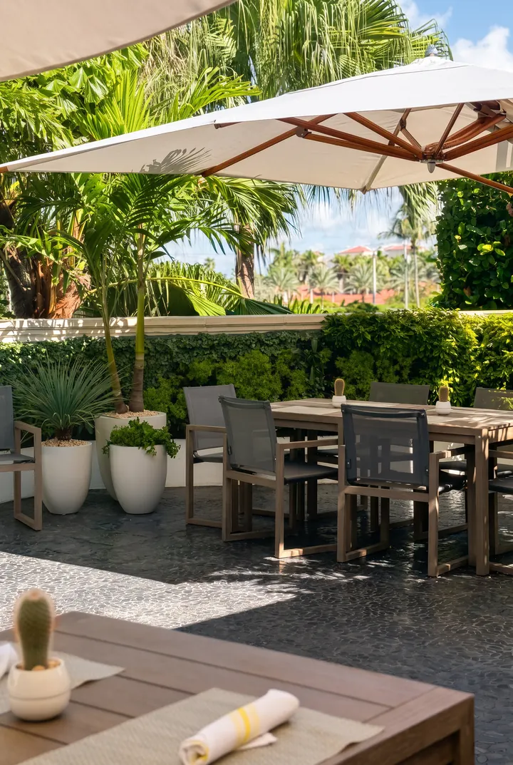 Una terraza entre setos. Jardineras blancas y setos alrededor de las mesas.