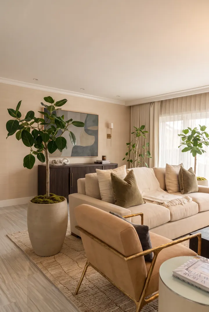 El salón de la suite. Un ficus y plantas junto a los sofás.