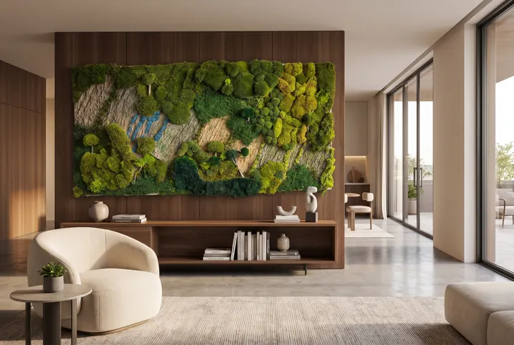 Un cuadro panorámico. Musgo con luz integrada sobre el mueble del salón.