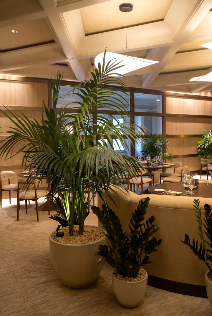 Palmeras en el restaurante. Palmeras y zamioculcas en tinajas entre las mesas.