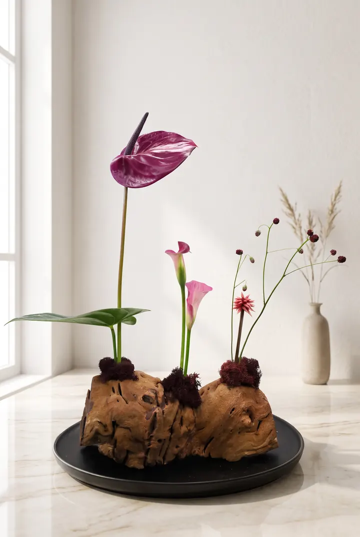 Flores sobre madera. Anturio y calas sobre un tronco en bandeja negra.