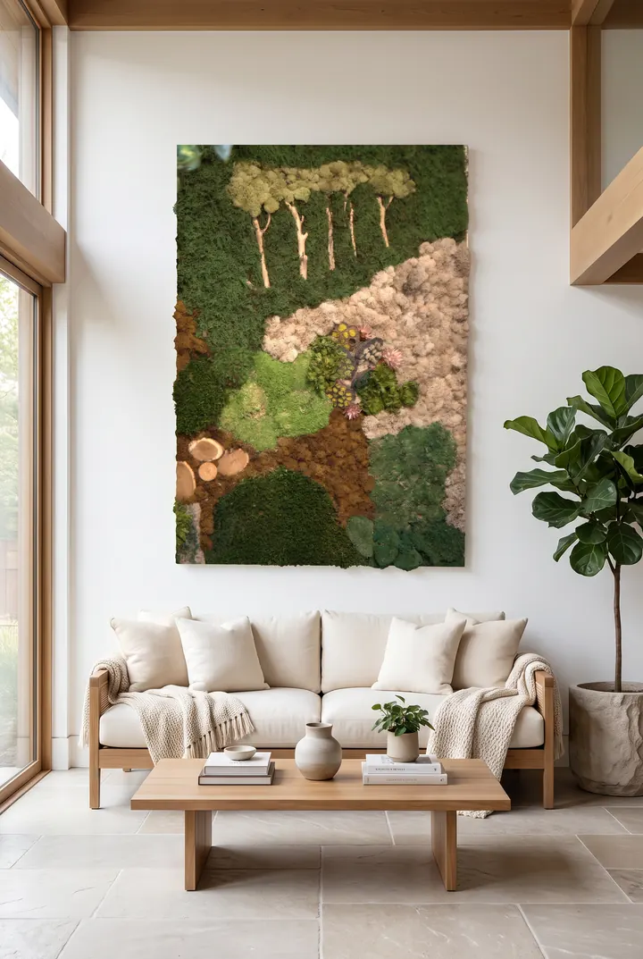 Un bosque en el salón. Cuadro de musgo con árboles y corteza sobre el sofá.