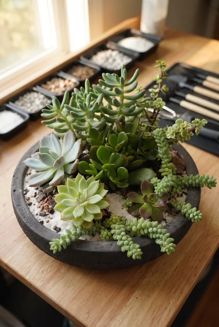 Un jardín de suculentas. Suculentas en un cuenco de cemento.